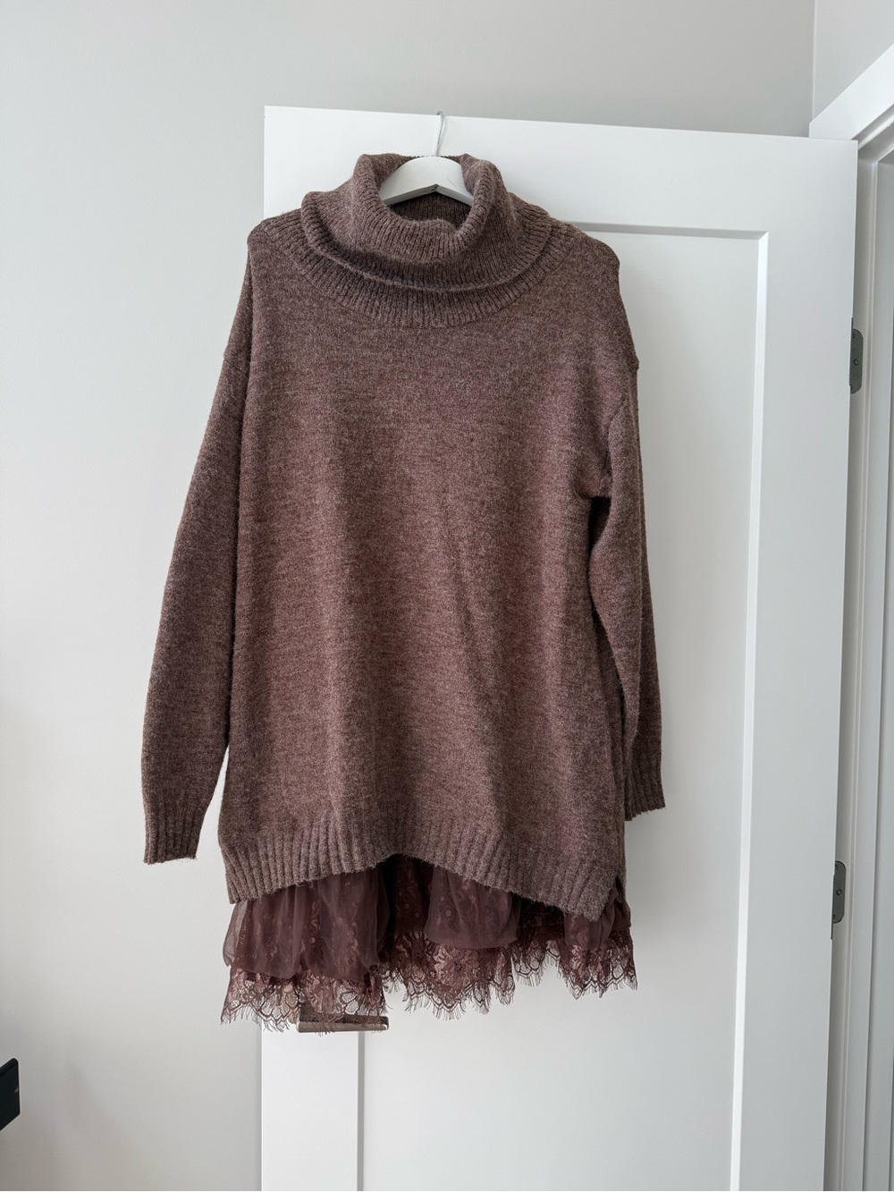 Turtleneck 2-Pce Sweater Dress with Inner Dress with Lace Hem Size L